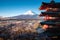 Fujiyoshida, Japan at Chureito Pagoda and Mt. Fuji in the spring with cherry blossoms full bloom during sunrise. Travel and