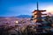 Fujiyoshida, Japan at Chureito Pagoda and Mt. Fuji in the spring with cherry blossoms full bloom during twilight. Japan Landscape