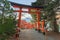 Fujiyoshida, Japan with the entrance gate to Arakura Sengen Shrine and Mt. Fuji