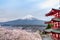 Fujiyoshida landmark of Japan Chureito res Pagoda on Fuji mountain background,Red Pagoda in spring season with sakura tress full b