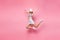 Ful length photo of cute teen jumping with raised hands screaming wearing eyeglasses eyewear isolated over pink