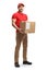 Ful length portrait of a delivery man holding a box