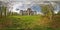 Full 360 degree panorama in equirectangular spherical projection old abandoned medieval castle in sunny day, VR content