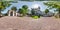 full 360 panorama on near catholic gothic church with gate in old town with historical buildings, temples and town hall in