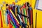 Full background of a colorful assortment of school supplies