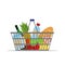 Full basket with different food. Supermarket shopping basket. Flat vector icon. For card, web