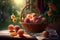 Full basket of juicy ripe peaches in a farm garden at sunset. AI generated