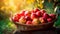 Full basket of red juicy organic apples with yellow leaves on autumn outdoors