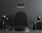Full black podium pedestal with dark stuff for Black Friday offer presentation in 3D rendering. Elegant platform for promotional