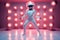 Full body of confident female in casual outfit and astronaut helmet with neon lamps dancing in studio.GenerativeAI.