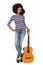 Full body happy young black woman standing with acoustic guitar against white background