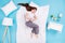 Full body high angle top above flat lay view profile photo of hurted lady lying pillow blanket bedroom eyes closed hold