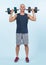 Full body length shot active and sporty senior man lifting dumbbell. Clout
