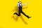 Full body photo of absurd surreal wacky guy racoon mask jump dance dabber wear trendy outfit isolated over yellow color