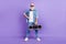 Full body photo of aged man happy positive smile hipster hold retro boombox isolated over purple color background