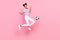Full body photo of childhood brown haired african american trendy girl wear casual outfit jump ball kick isolated on