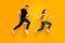 Full body photo of cool guy lady couple jumping high active way of life jogging every morning prepare pair race wear