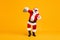Full body photo crazy santa claus with grey beard hold disco ball show horns symbol dance x-mas christmas party wear