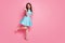 Full body photo of curly charming excited lady festive event prom party dancing good mood exited emotions wear blue teal