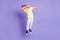 Full body photo of dabber little kid jump close arms face wear white yellow t-shirt trousers isolated over purple color