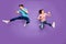 Full body photo of funny two people guy lady jumping high training fight club kicking leg wear casual blue striped t