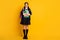 Full body photo of positive a-level student girl hold hand note books ready learn courses academic material wear uniform