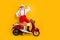 Full body photo of santa ambitious man stand near moped show strength biceps delivered heavy gifts wear trendy sun specs