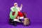 Full body photo of santa man in airport will meet newyear at tropics leaving by moped hold life buoy and drink wear