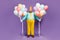 Full body photo shocked crazy excited fat man hold air baloons celebrate anniversary whistle noisemaker wear teal