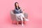 Full body photo of sitting office manager comfort armchair directing fingers empty space psychologist advert  on