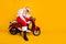 Full body photo of white hair man sitting retro moped leaning head hand tired of delivery working day night wear trendy