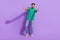 Full body photo of young friendly guy wear trendy outfit embracing you open arms welcome company isolated over purple