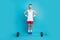 Full body photo of young sportsman confused hesitate barbell workout gym isolated over blue color background