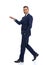 full body picture of elegant businessman holding hand up and showing