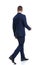 full body picture of elegant fashion model in navy blue suit walking