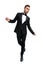 Full body picture of elegant young businessman in tuxedo dancing