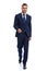 full body picture of happy young businessman in navy blue suit walking