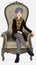 Full body portrait of a beautiful older gray-haired cartoon woman sitting on a Victorian style arm chair on an isolated background