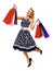 Full body portrait of jumping or levitating woman in pin up style with shopping bags, isolated