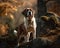 Full body portrait of a St. Bernard dog on a rock in the forest created with Generative AI technology.