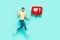 Full body profile photo of nice brunet guy run with like wear t-shirt jeans shoes isolated on turquoise background