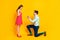 Full body profile photo of pretty lady handsome guy couple proposing girlfriend stand one knee hold diamond ring box