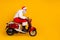 Full body profile photo of santa white hair grandpa riding speed x-mas theme party by bike wear trendy sun specs