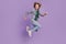 Full body profile side photo of young man good mood jump runner wear casual outfit  over violet color background