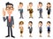 Full-body set of men and women of office workers who raise their index fingers and explain