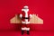 Full body size photo of retired grandpa white beard jetpack ready start long flight north pole trip wear santa x-mas