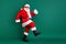 Full body size profile photo of retired grandpa funny walk together elves deer buy present gift kids wear red santa