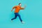 Full body size side cadre running hurry inspired businessman pensioner wear orange shirt blue jeans isolated over cyan