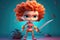 Full body super cute tiny cartoon human girl warrior with weapon. AI generated