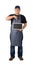 Full Body worker man or Serviceman in Black shirt and apron is holding chalkboard isolated on white background